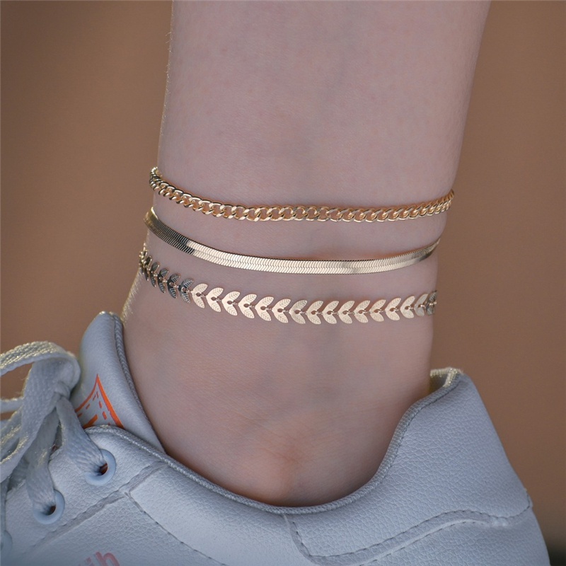 3Pcs Vintage Boho Minimalist Leaves Anklets Ladies Beach Party Ankle Bracelet