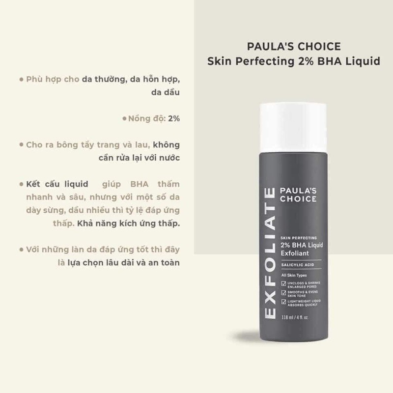 Tẩy da chết hoá học dạng liquid (nước) 2% BHA liquid exfoliant Paula's choice