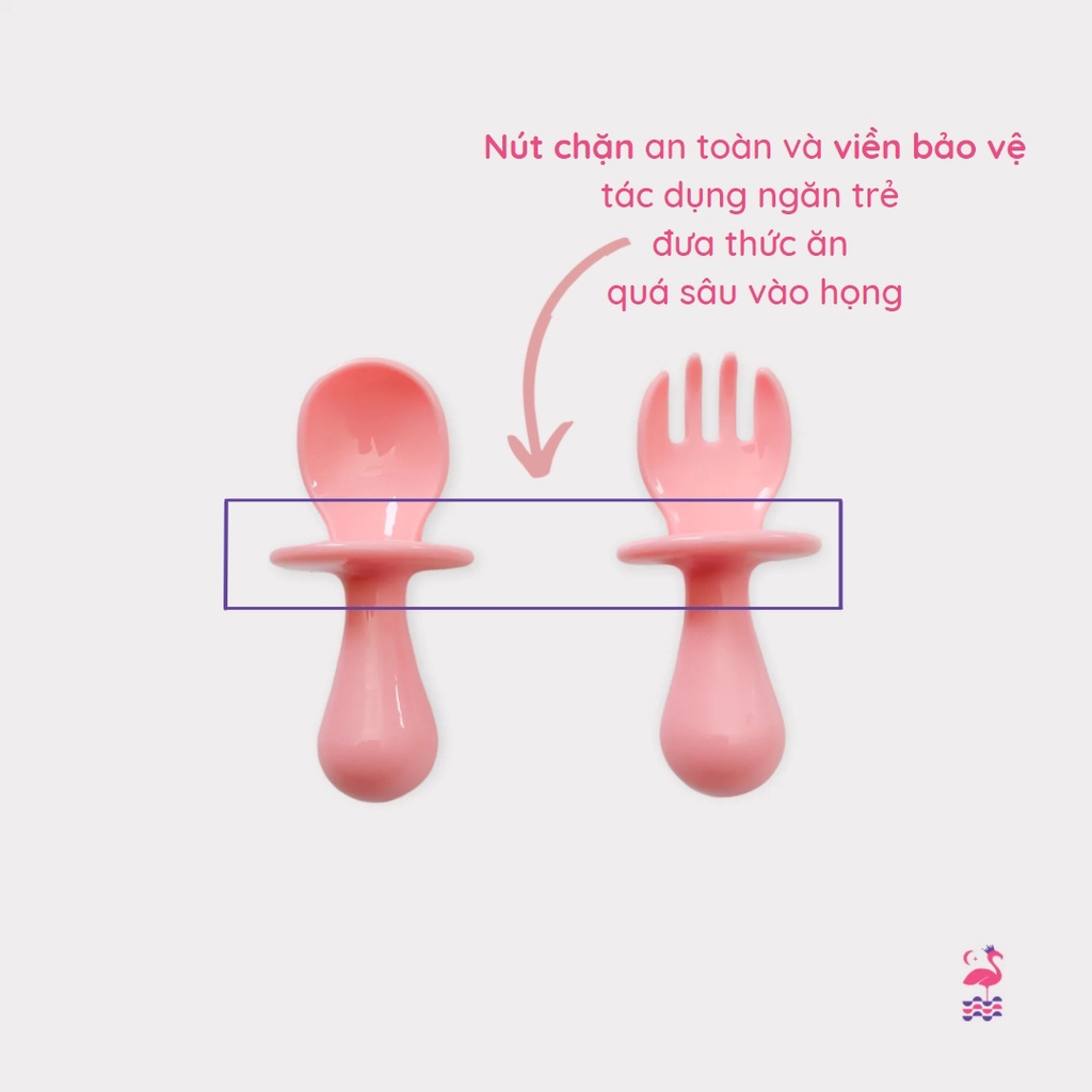 Bộ Thìa Dĩa Tập Ăn Cán Ngắn Có Nút Chặn BLW Ấm Gift Decor Nhựa PP An Toàn Cho Bé