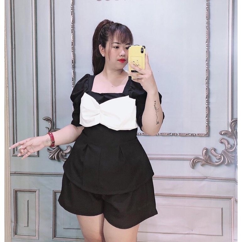 [Shop bigsize nữ 50kg-90kg] Set áo peplum nơ mix short - SNO