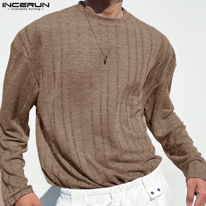 Áo thun INCERUN lưới chui đầu dáng rộng cổ tròn họa tiết kẻ sọc màu xuyên thấu thời trang cho nam