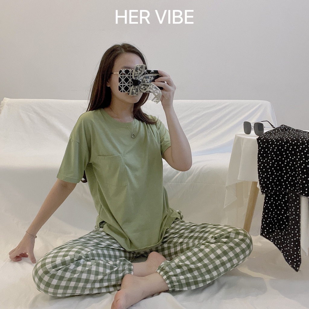 Đồ bộ nữ pijama thun mềm cực xinh tay ngắn quần dài màu xanh dễ thương cho nữ