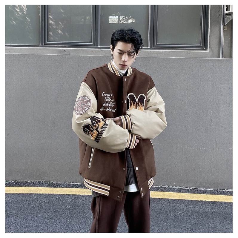 ÁO KHOÁC BOMBER NỈ PHỐI TAY DA THÊU CAO CẤP 24 UNISEX NAM VÀ NỮ ( có hình chụp thật )