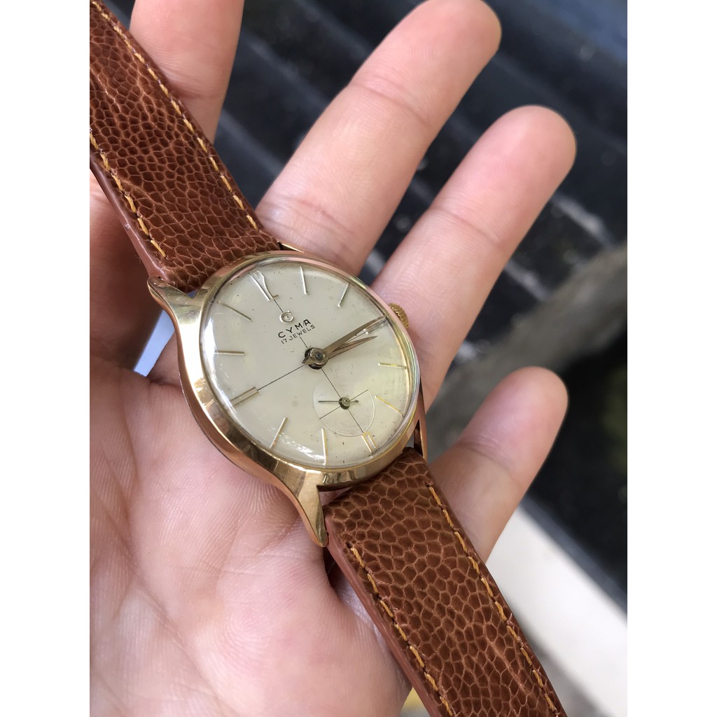 Đồng hồ nam CYMA cơ cót, có kim trôi, niềng mạ vàng, thiết kế đơn giản thanh lịch, dây da - Chính hãng