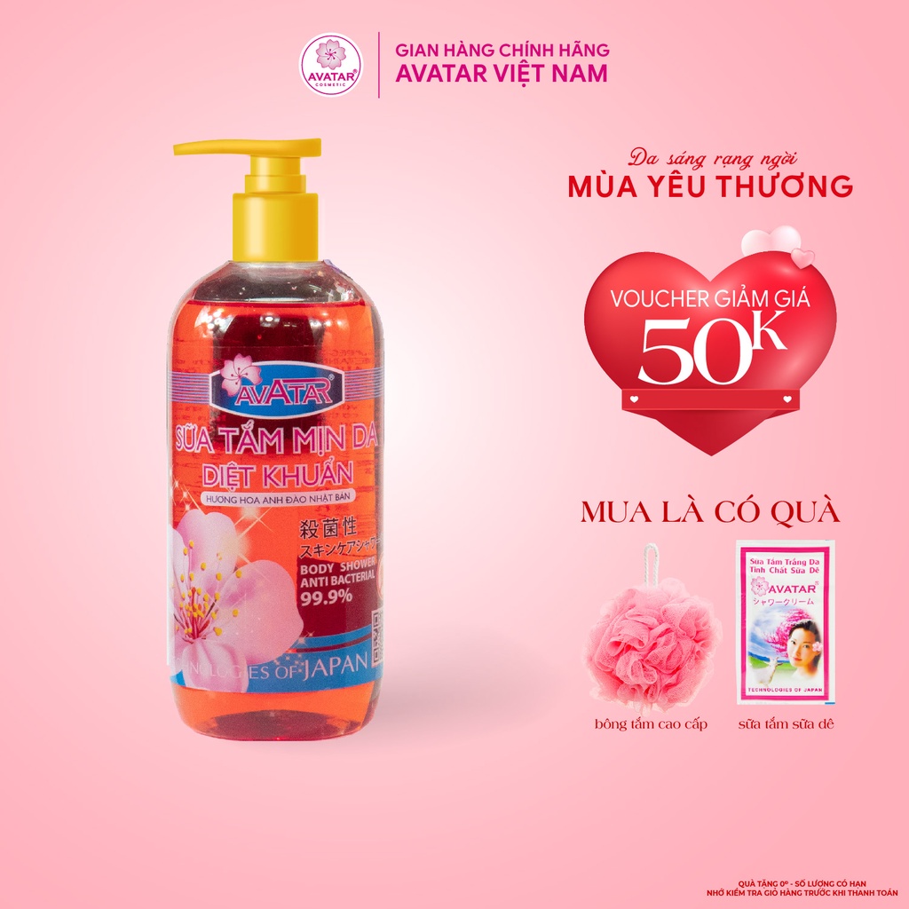 Sữa tắm mịn da diệt khuẩn 99.9% AVATAR - Hương hoa Anh Đào - Công nghệ và chất lượng Nhật Bản 500ml