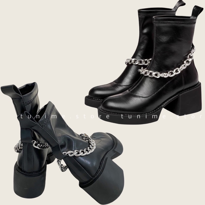 (Có sẵn) Giày boot da cao gót All Black đế vuông vuông kèm dây xích cá tính (dây có thể tháo rời) Tunime Store