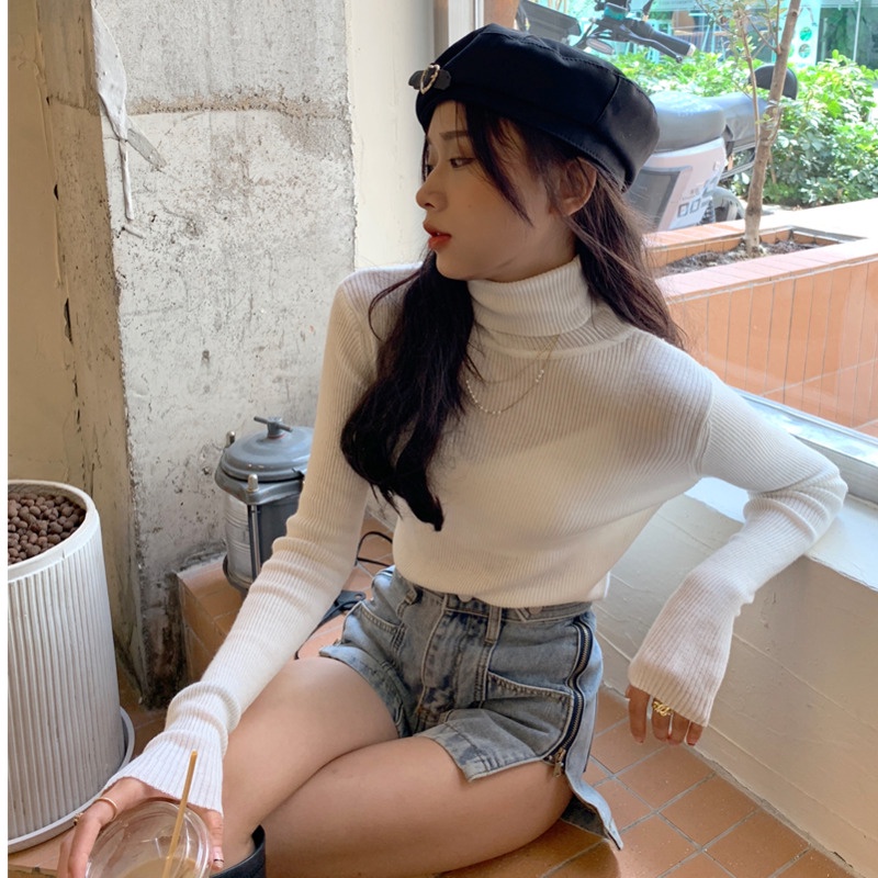 Áo dệt kim cổ cao màu sắc dễ phối đồ