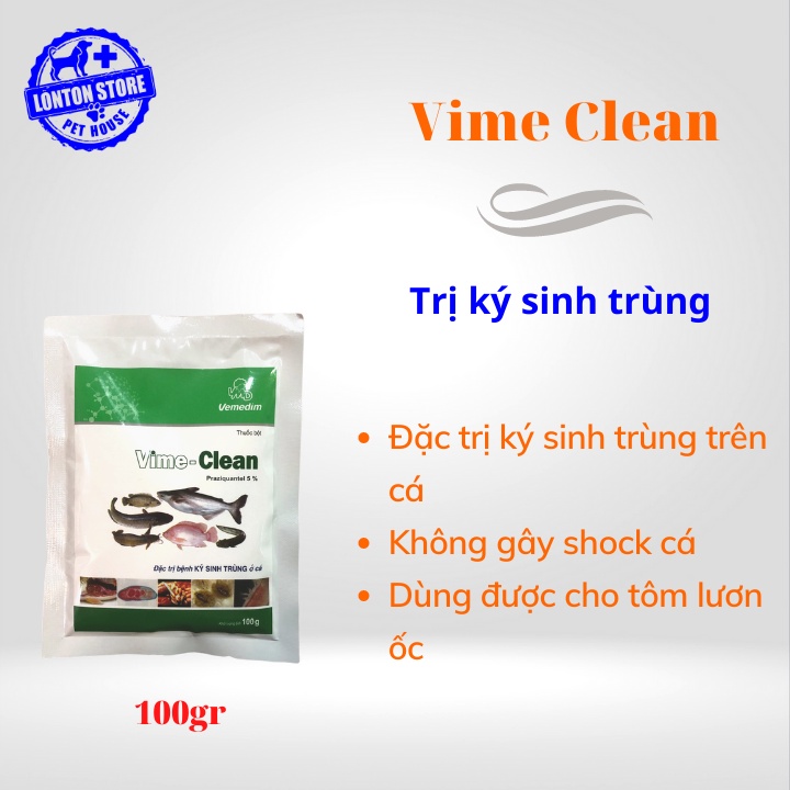 Vemedim Vime-clean cá dùng cho cá bị nội, ngoại ký sinh trùng như sán lá, rận cá, sán lá dây, sán gan, gói 100g