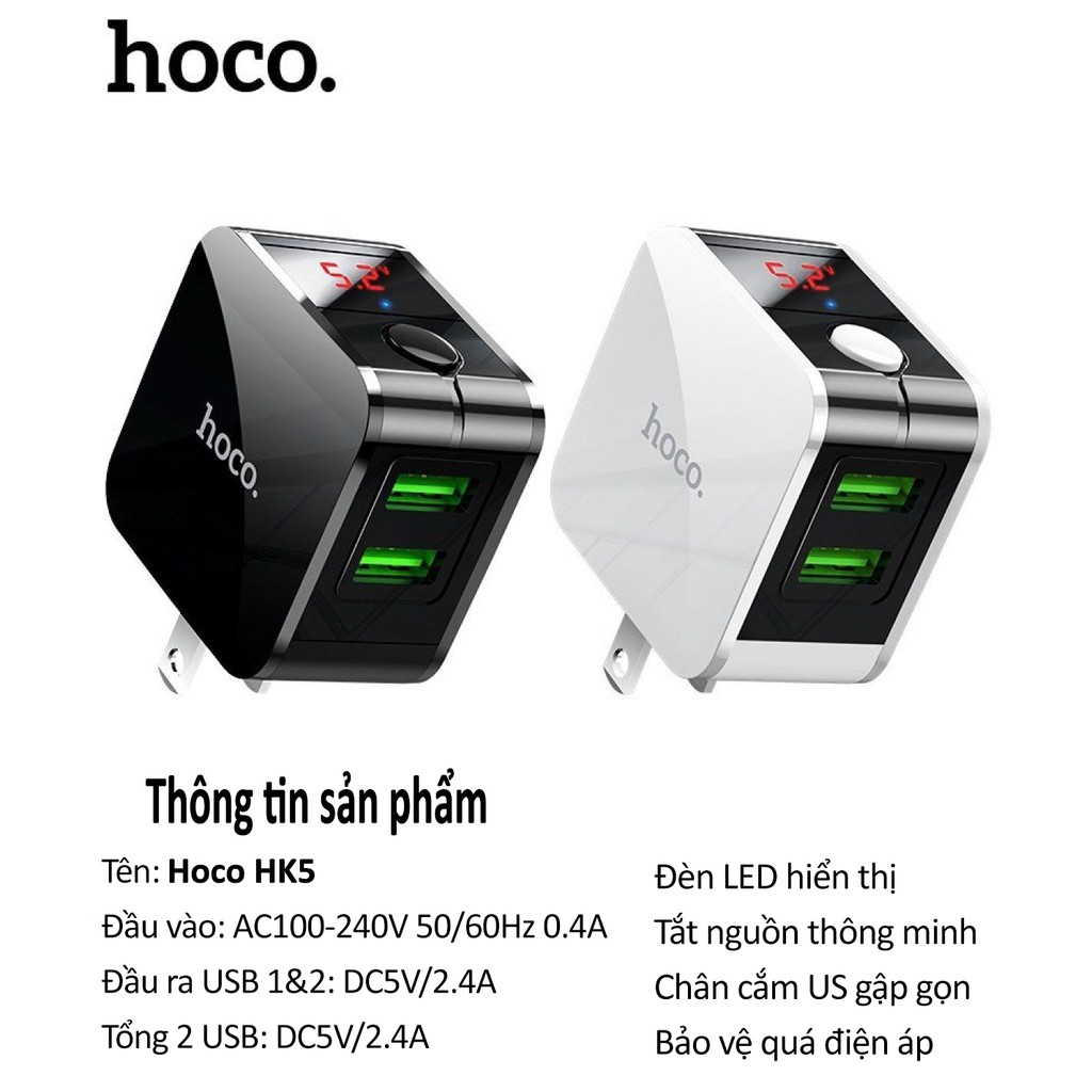 Cốc Sạc Nhanh Hoco HK5 Tự Ngắt Thông Minh Khi Đầy Pin ✔2 Cổng USB 2.4A