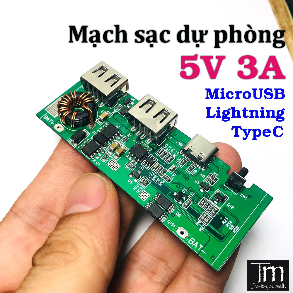 Mạch Sạc Dự Phòng 5V3A Xanh Đủ 3 Cổng MicroUSB - Lighining - TypeC