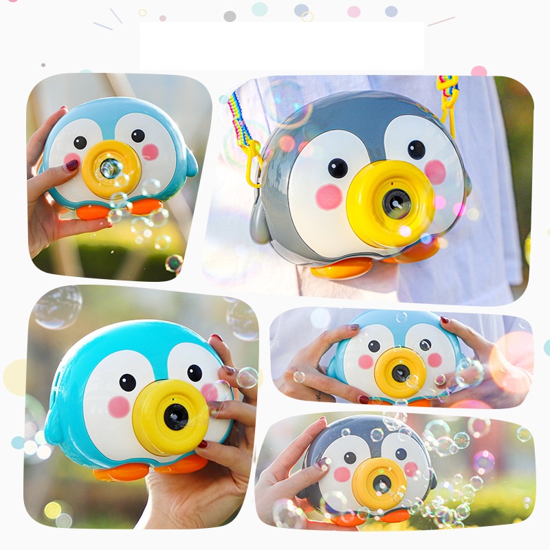 Đồ chơi máy ảnh chụp thổi bong bóng tự động ngoài trời có nhạc hình chim cánh cụt đáng yêu cho bé