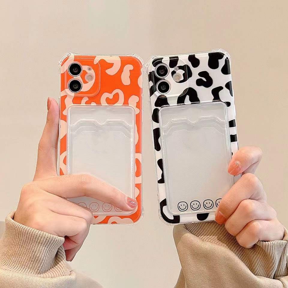 Ốp Điện Thoại Silicon Mềm Trong Suốt Họa Tiết Bò Sữa Có Ngăn Đựng Thẻ Cho iPhone 14 13 12 11 Pro X XS Max XR 7 8 Plus SE