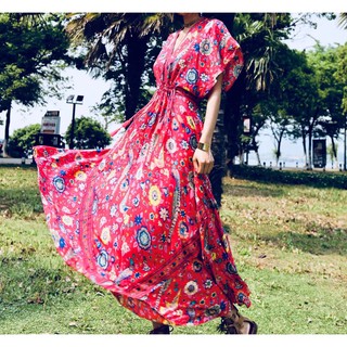 Đầm Cotton Cổ Chữ V Họa Tiết Hoa Phong Cách Boho Hàn Quốc