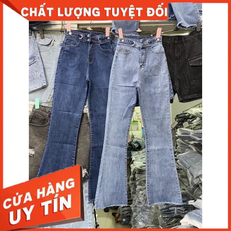 QUẦN JEANS DÀI ỐNG LOE NHẸ CO GIÃN LƯNG CAO 2 Nút- ảnh thật toàn bộ