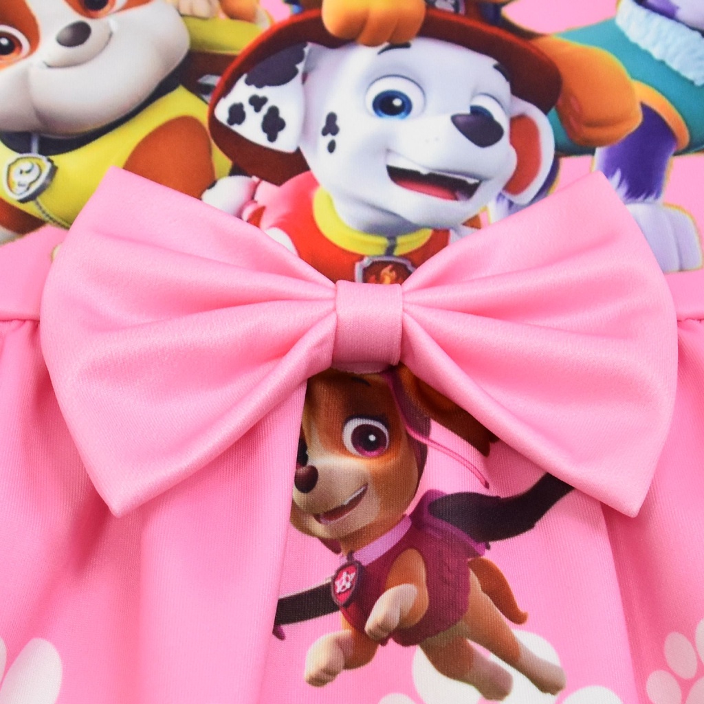 Đầm sát nách đính nơ màu hồng in hình hoạt hình Paw Patrol thời trang dự tiệc hóa trang cho bé gái