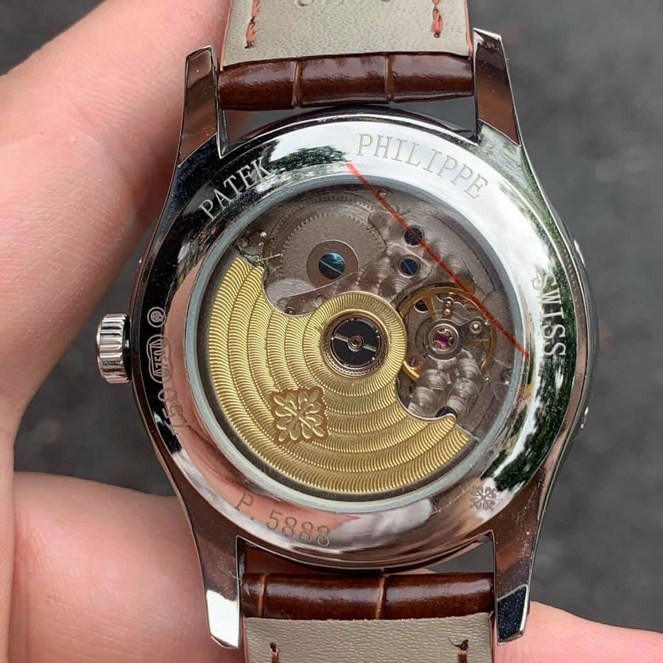 Đồng hồ Nam Patek philippe Complication máy nhật dòng cơ Automatic trăng sao có lịch thứ ngày tháng mặt trắng vỏ vàng