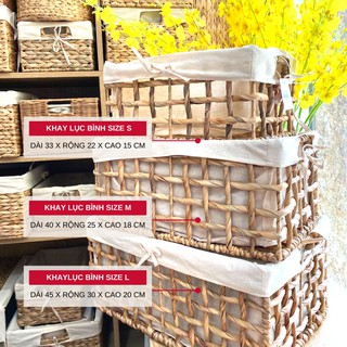 Khay lục bình đan thưa hình chữ nhật kèm vải lót