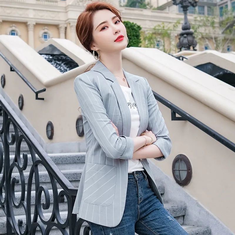 Áo Khoác Vest Kẻ Sọc Nhỏ Ôm Dáng Phong Cách Hàn Quốc Thời Trang Xuân Hè Hàng Mới 2021