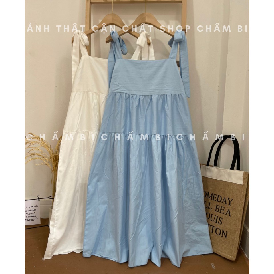 Váy babydoll Hàn Quốc V.079, Váy dáng dài 2 tầng xòe thắt nơ vai cực xinh | BigBuy360 - bigbuy360.vn