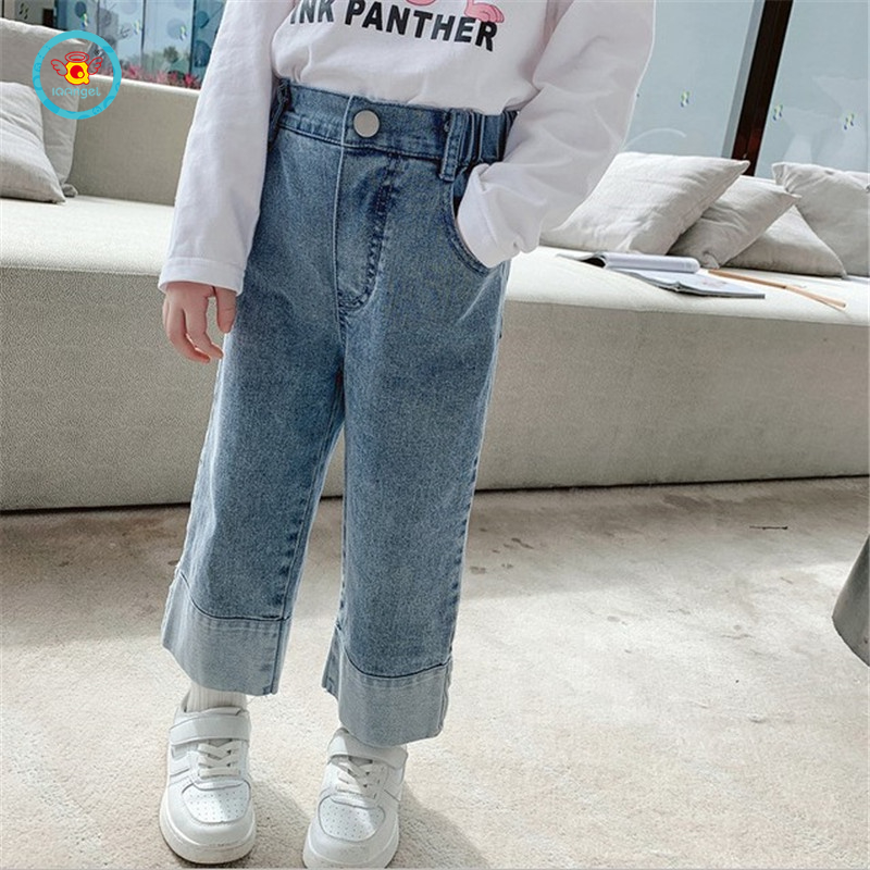 Quần jean dài IQ ANGEL ống rộng thiết kế thời trang phong cách Hàn Quốc dành cho bé gái