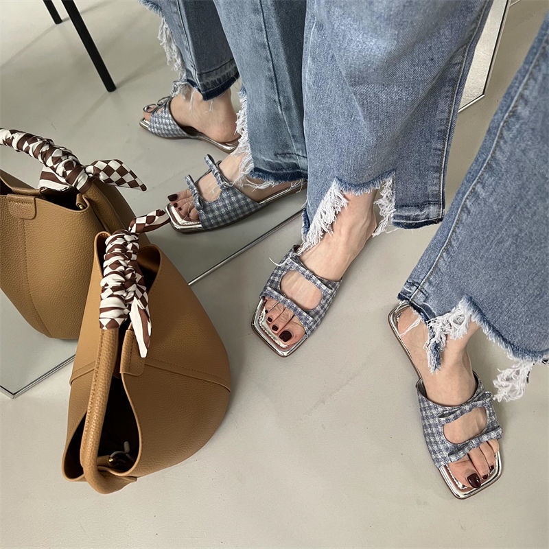 2023 Dép Lê Nữ Đế Bằng Mũi Vuông Thắt Nơ Xinh Xắn Thời Trang