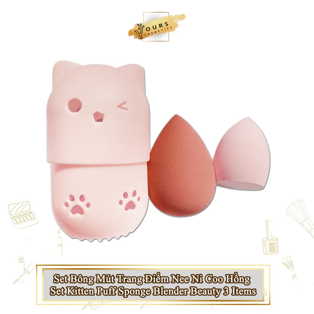 [Auth Thái] Set Bông Mút Trang Điểm Màu Hồng Nee Ni Coo Set Kitten Puff Sponge Blender Beauty 3 Items