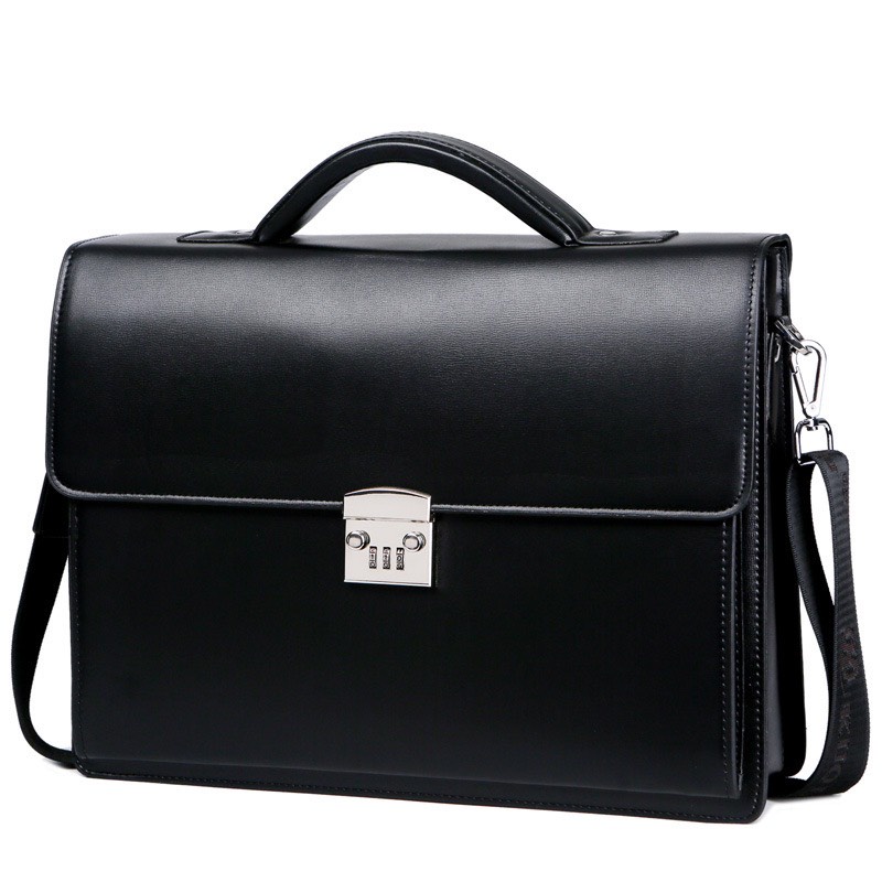 Túi xách cặp da bò công sở T23 khóa số 39x30x10cm đựng laptop 14inch (Nâu-Đen) | BigBuy360 - bigbuy360.vn