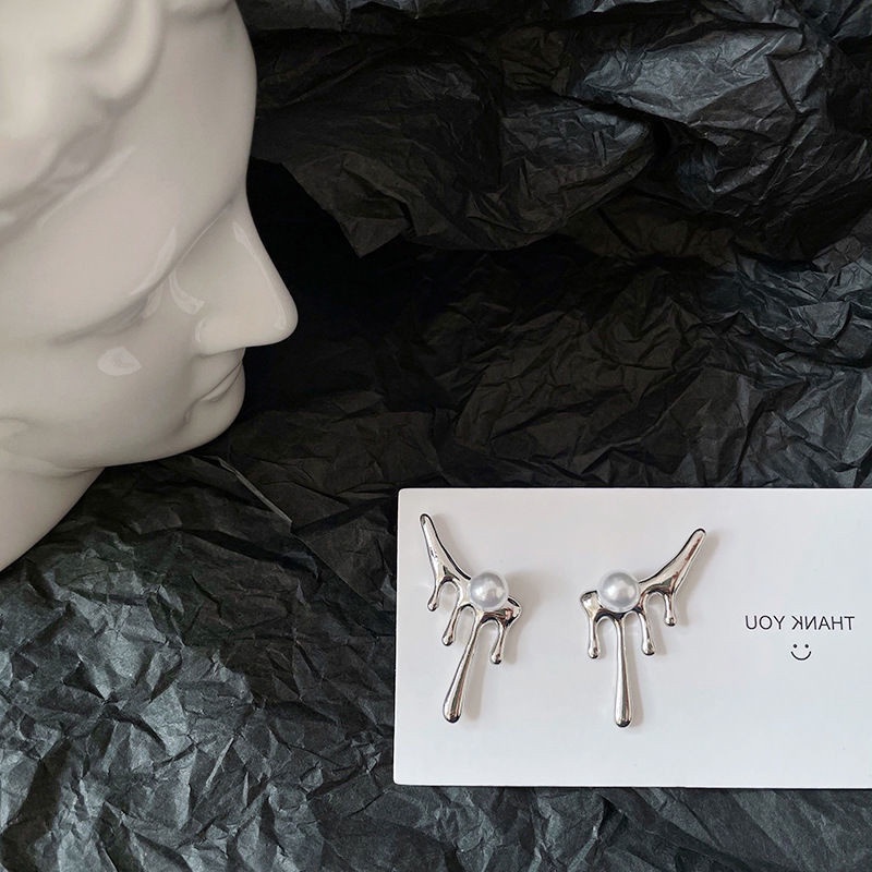 Khuyên tai 19A1221 hình dầu nhỏ giọt bằng kim loại đính hạt ngọc trai đơn giản phong cách hip hop