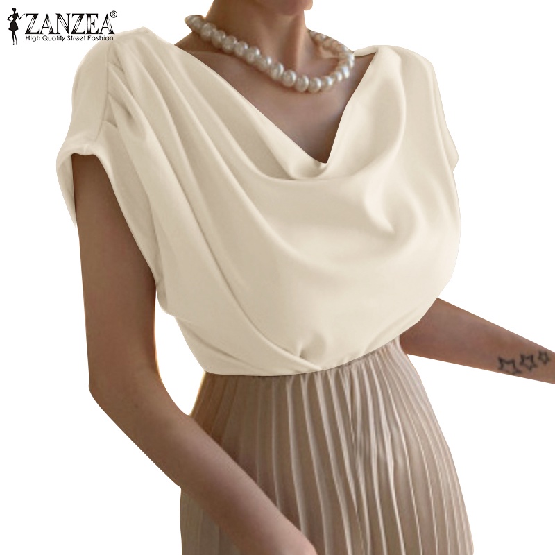 Áo kiểu ZANZEA xếp ly vải satin mỏng thời trang thanh lịch cho nữ