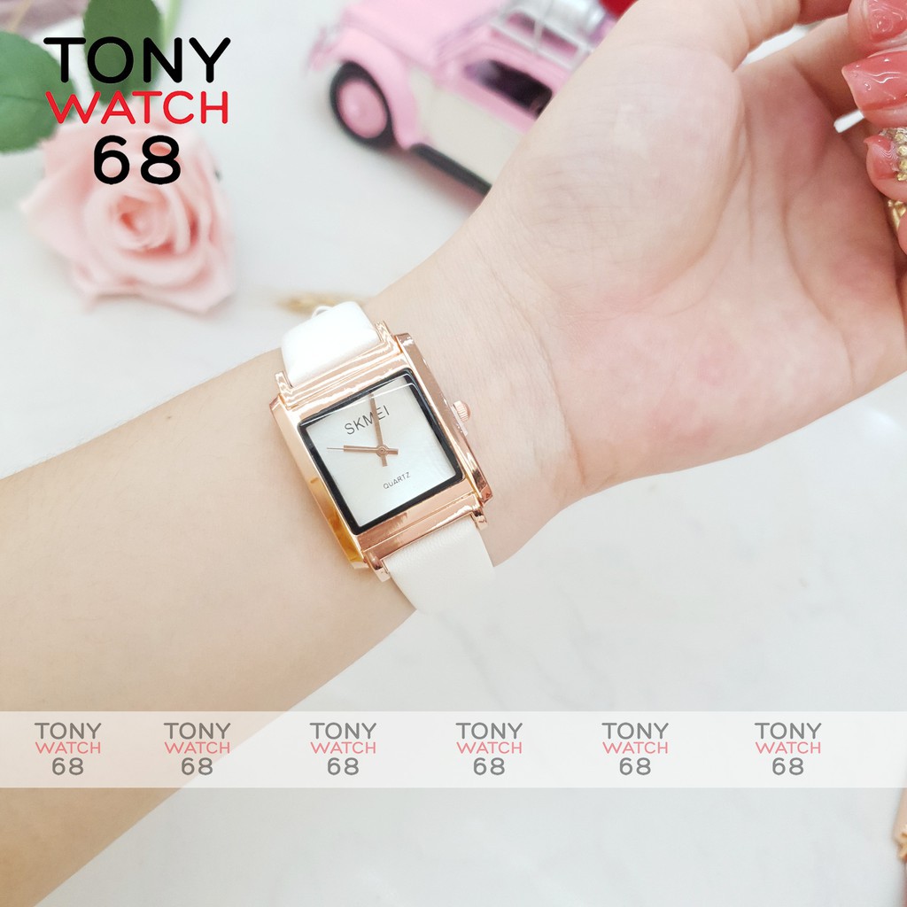 Đồng hồ nữ Skmei mặt vuông dây da đỏ trắng chính hãng chống nước Tony Watch 68