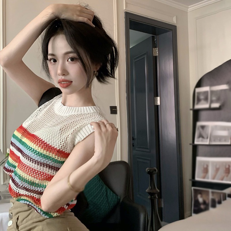 Áo Tank Top Không Tay Cổ Tròn Họa Tiết Kẻ Sọc Màu Tương Phản Thời Trang Hàn Quốc Cho Nữ