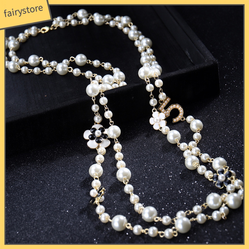 Dây chuyền dài hai lớp nhiều mặt họa tiết xỏ ngọc trai giả cho nữ