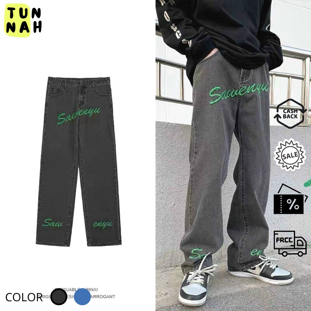 Quần Jeans nam nữ dáng suông ống rộng cao cấp thêu họa tiết chữ Sawenyu phong cách Ulzzang Streetwear nam nữ dễ phối đồ