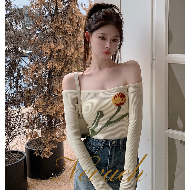 Hàng Mới Về Mới Áo Dệt Kim Trễ Vai Tay Dài Thời Trang Cho Nữ