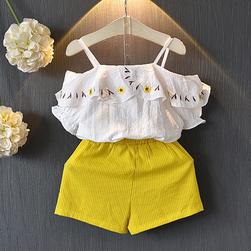 Bộ đồ BEAR LEADER gồm áo kiểu trễ vai họa tiết hoa và quần đùi thời trang 2022 dành cho bé gái từ 3-7 tuổi