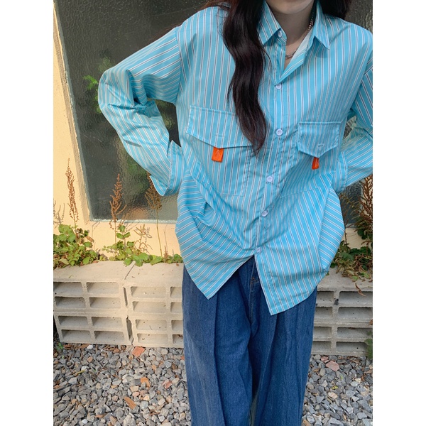 SUXI Áo Sơ Mi Nữ Dài Tay Dáng Rộng Kẻ Sọc Kiểu Retro Mới