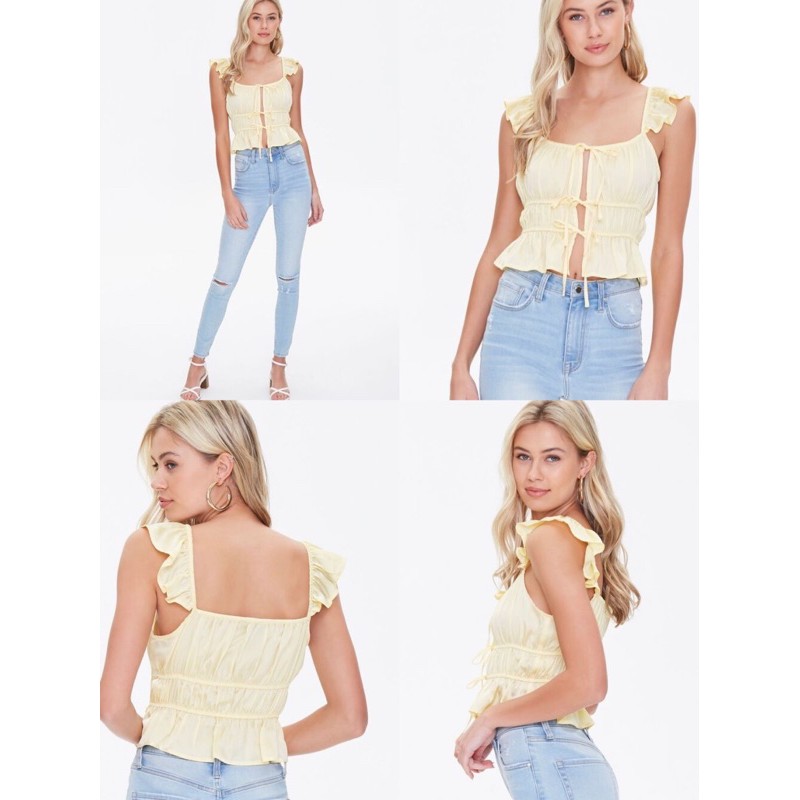 ÁO CROPTOP SATIN CỘT NƠ TAY CÁNH TIÊN F21 (CÓ BIG SIZE)