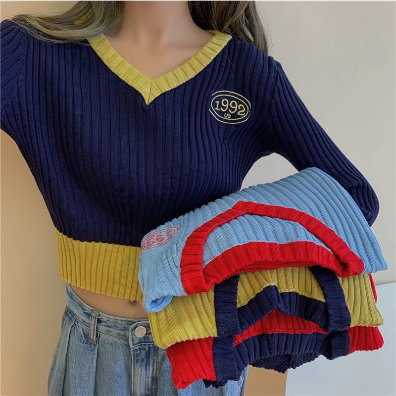 Áo Sweater Tay Dài Cổ Chữ V Ôm Dáng Phong Cách Hàn Quốc Thời Trang 2022