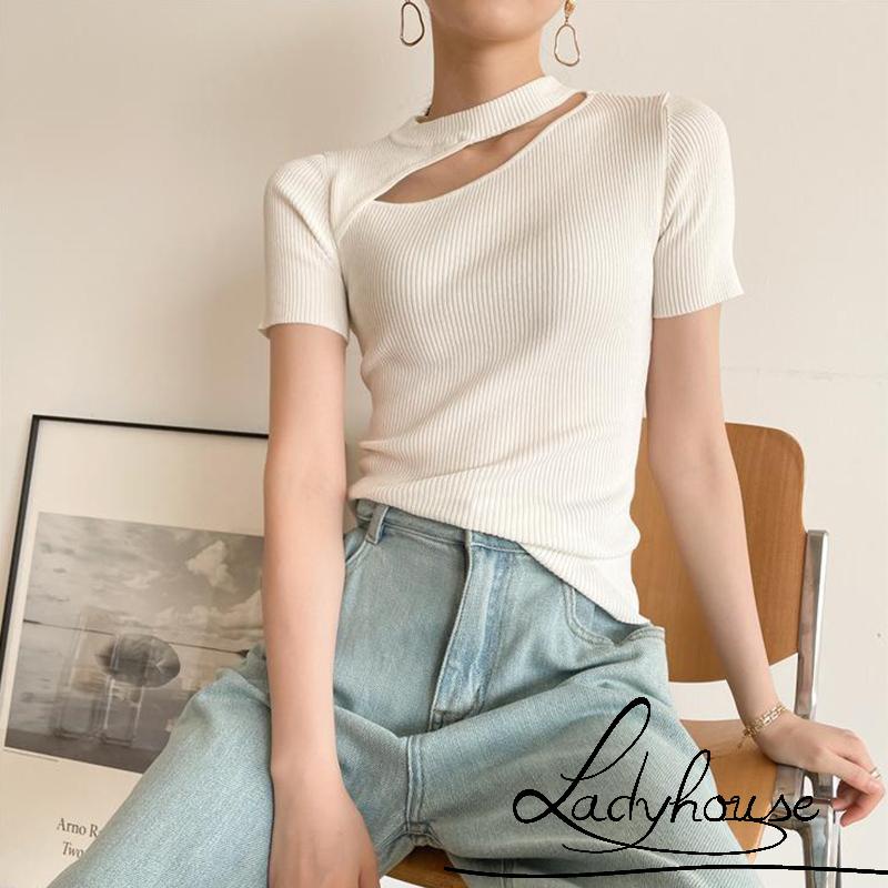 Áo Thun Dệt Kim Chui Đầu Cổ Tròn Tay Ngắn Màu Trơn Khoét Gân Cho Nữ