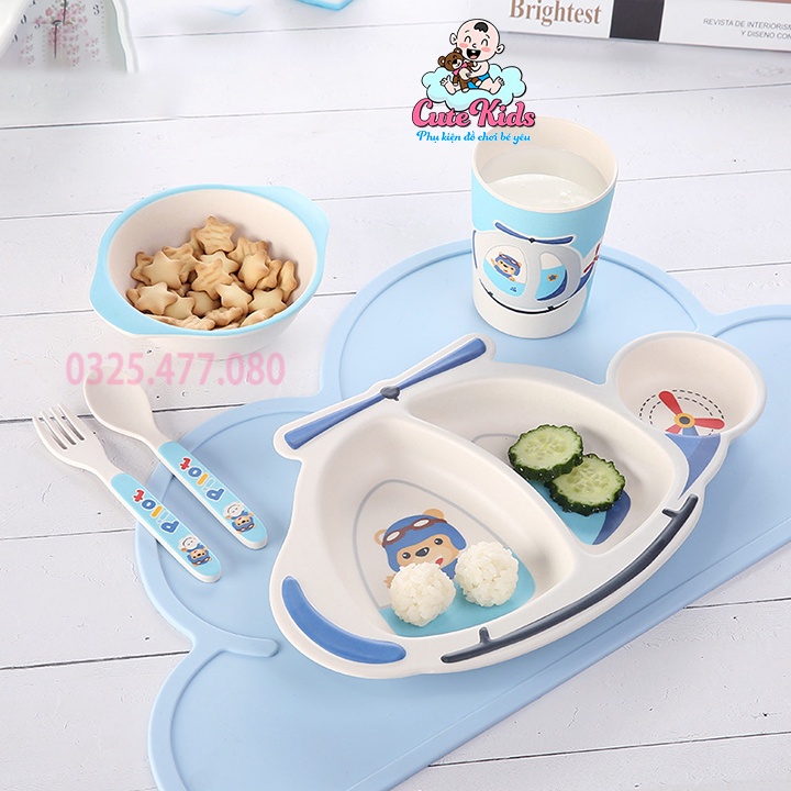 Bộ chén bát ăn dặm cho bé làm từ sợi tre an toàn cho sức khoẻ,khay ăn dặm hình máy bay tinh nghịch-Cutekids.