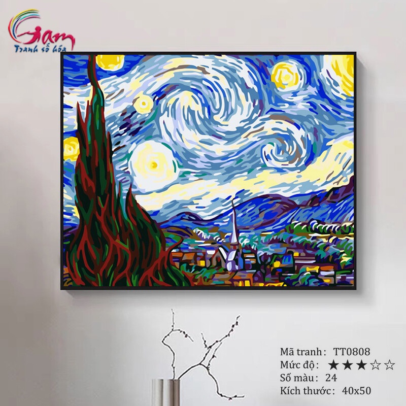 Tranh tự tô màu theo số TT0808 Tranh sơn dầu số hóa tự vẽ Tranh trừu tượng Đêm đầy sao Van Gogh