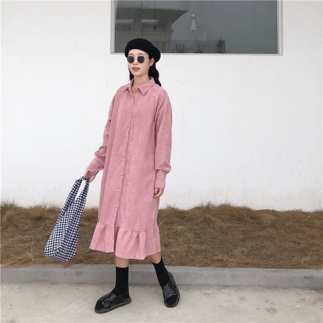 [ Sẵn ] Đầm ulzzang vải nhung cổ polo tay dài đuôi cá (có ảnh thật) | BigBuy360 - bigbuy360.vn