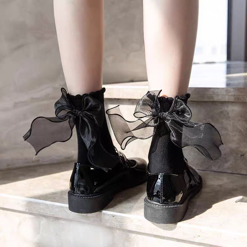 Tất đính nơ voan Lolita cổ ngắn tiểu thư Hàn Quốc chất len đẹp trắng đen be nữ nhiều màu