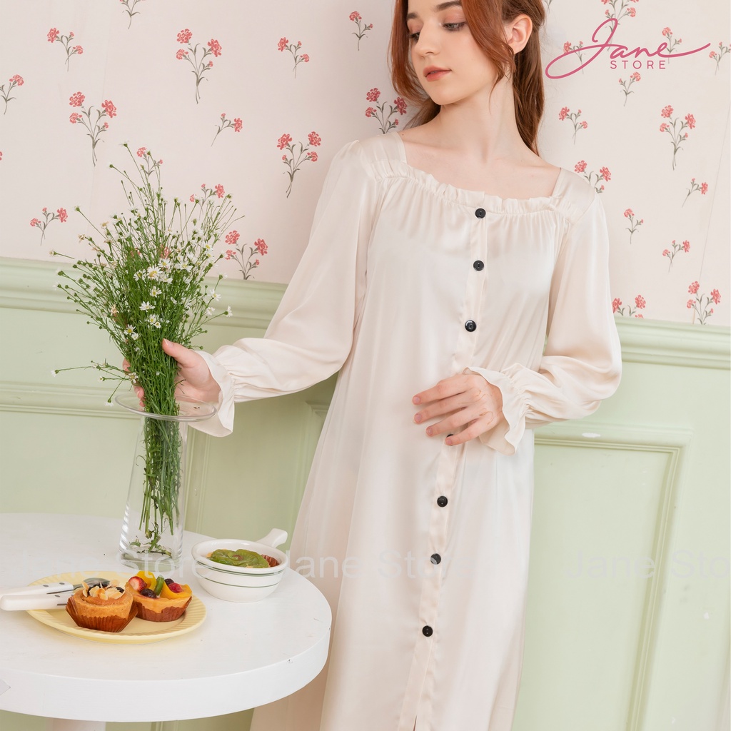 Váy lụa dài tay tiểu thư- Đầm ngủ lụa cổ vuông tay bèo trơn màu đơn giản và sang trọng JANE mã V80.