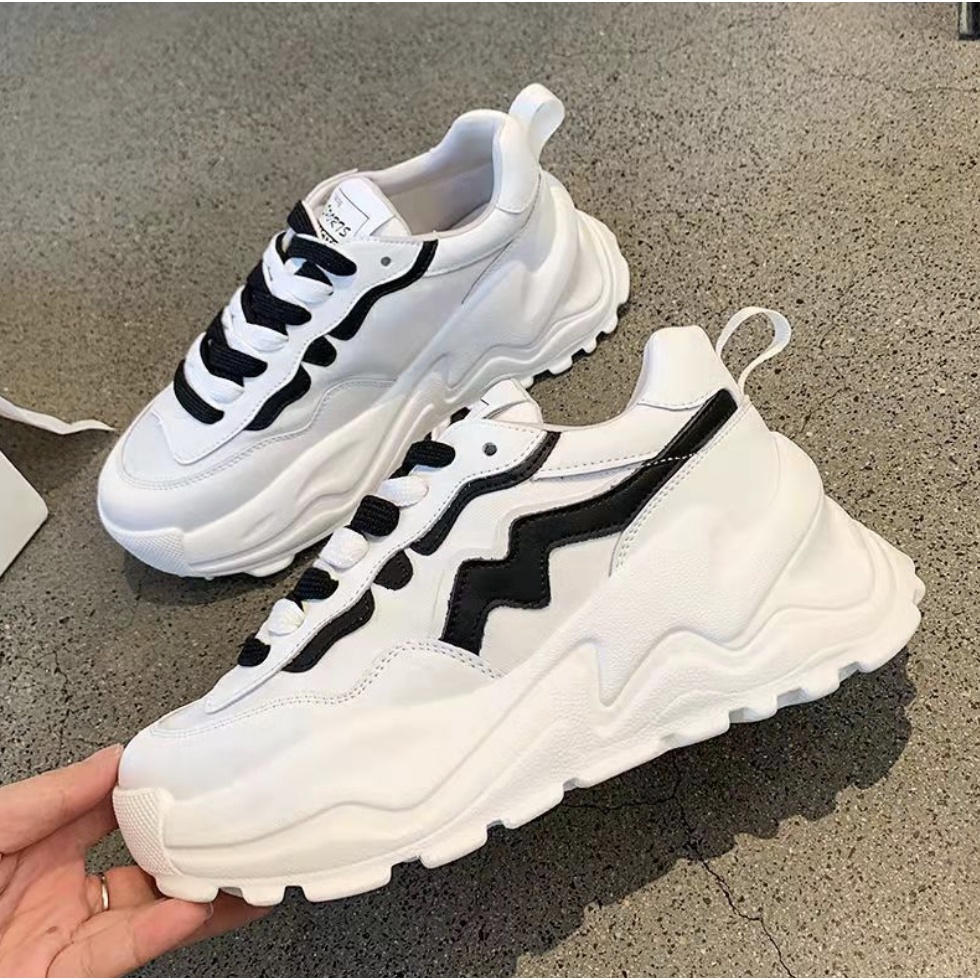 Giày thể thao nữ phối đồ dễ đế đôn 6cm Fashion Sóng đen 2 dây thắt