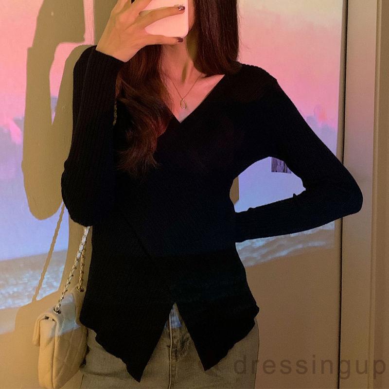 Áo dệt kim tay dài cổ chữ V màu trơn thời trang cho nữ