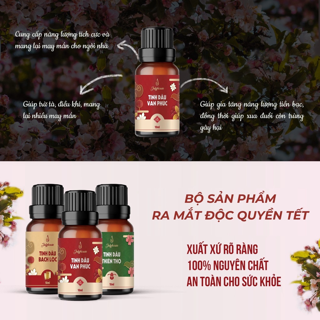 Tinh dầu Vạn Phúc 10ml JULYHOUSE hương vị Tết kết hợp tinh dầu Vỏ Bưởi, Sả Chanh, Thông và Trắc Bách Diệp