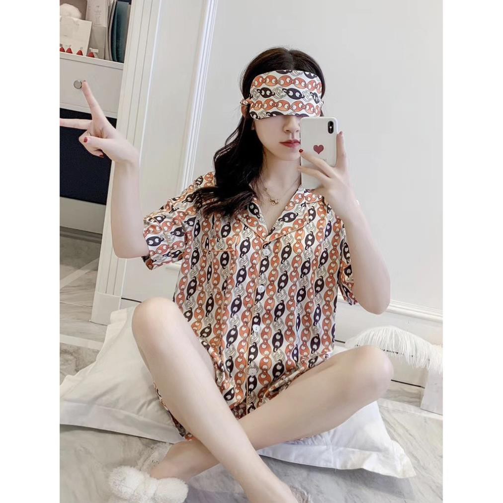 Bộ ngủ lụa Pizama hoạ tiết Vơ sạc kèm turban hàng cao cấp