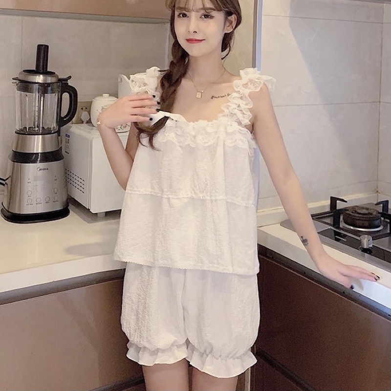 Bộ ngủ hai dây T97 Bộ đùi mặc nhà hai dây phối ren siêu xinh chất vải đũi xốp phong cách hàn quốc mặc siêu thoả mái