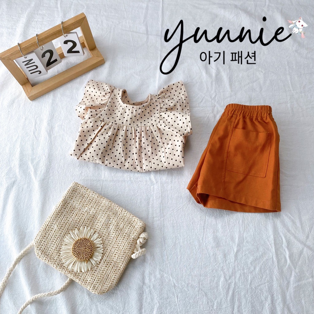 Bộ quần áo bé gái YUUNIE cánh tiên chấm bi, phối quần linen màu nâu tây có túi